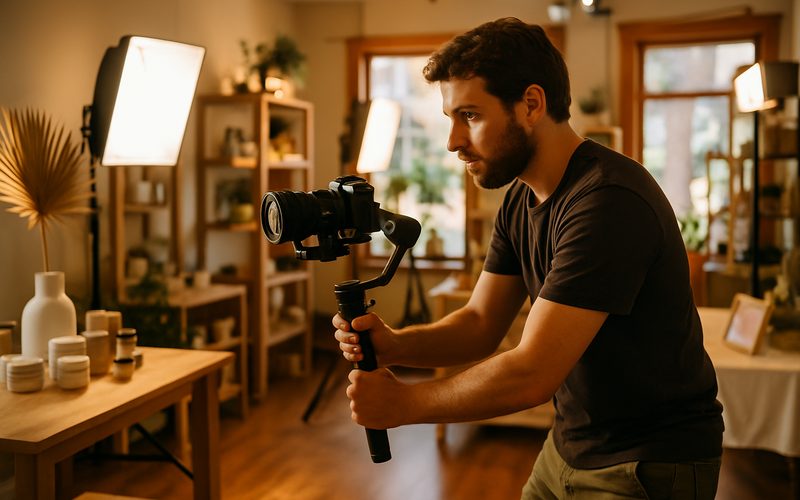 Videographer filming a batch shoot day of reels inside a Vernon business