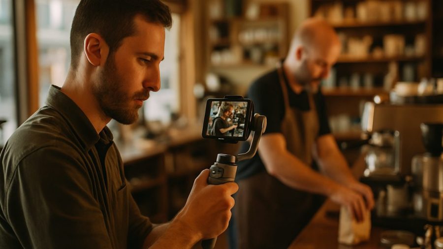 Videographer with a gimbal filming a Vernon business owner for a professional reel