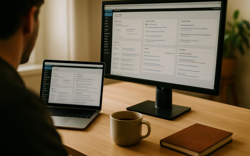 WordPress dashboard open on a dual-monitor desk setup with Okanagan window light