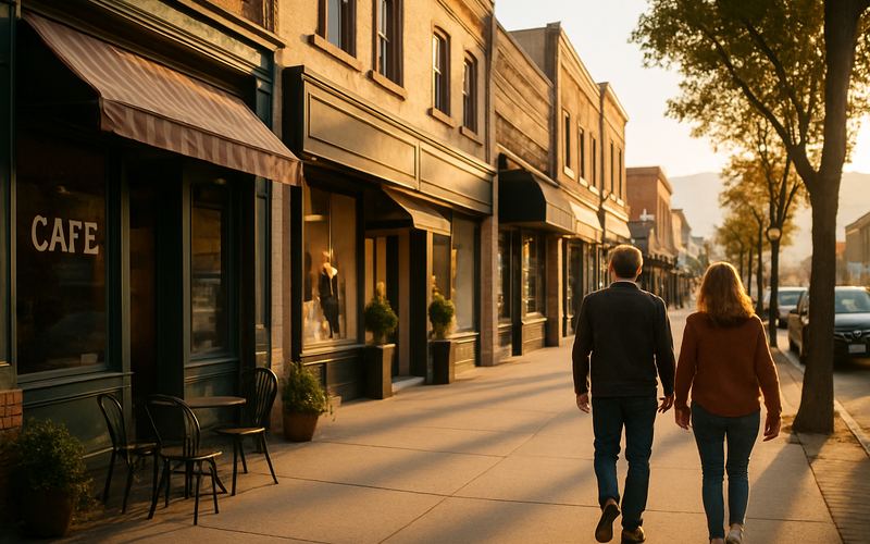 Downtown Vernon BC main street with small business storefronts on a bright morning