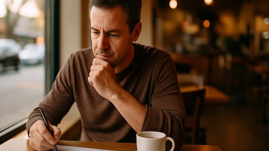 Vernon business owner reviewing a printed marketing agency quote over coffee