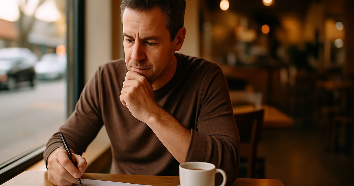 Vernon business owner reviewing a printed marketing agency quote over coffee