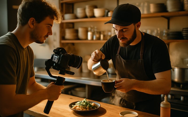 Videographer filming a Vernon café owner plating food for a social reel on a shoot
