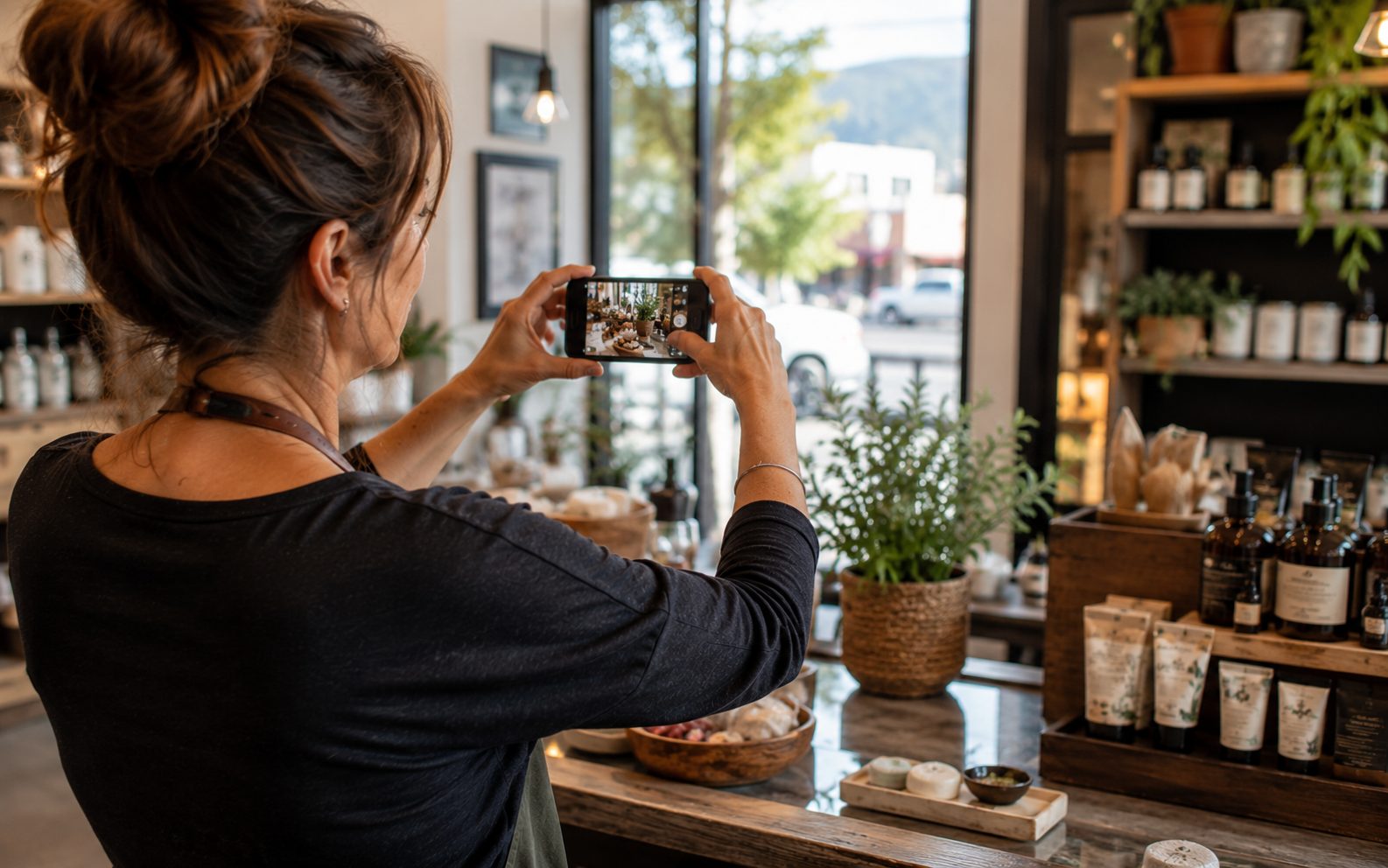 Vernon shop owner photographing their storefront to build their Google Business Profile listing