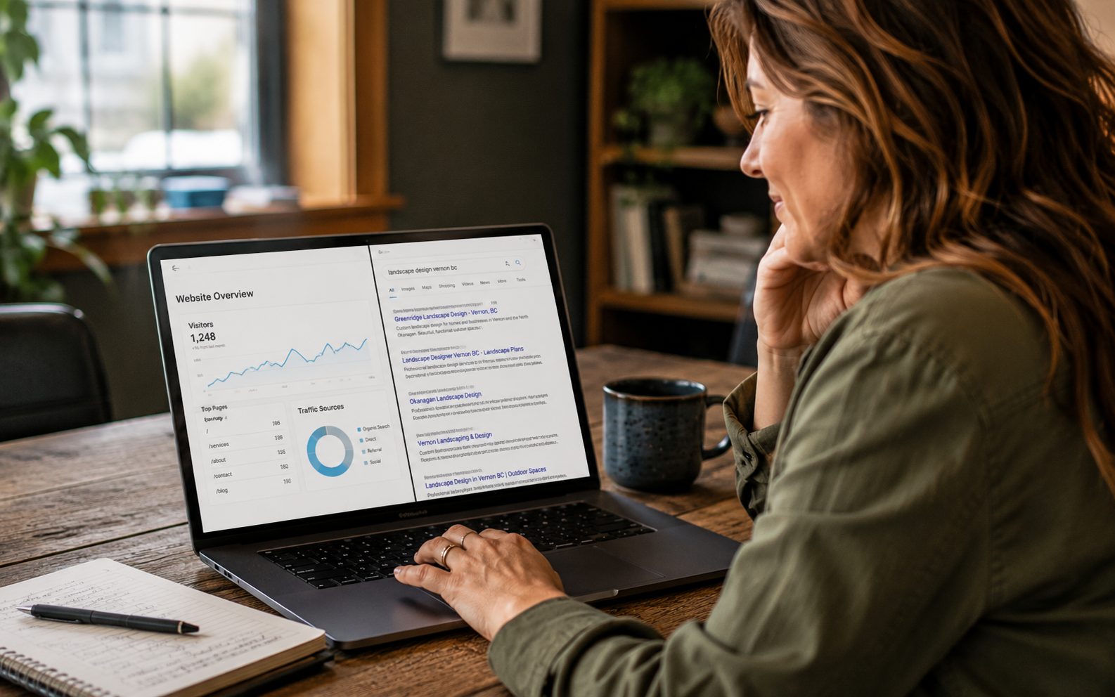 Vernon business owner checking website traffic and search results on a laptop