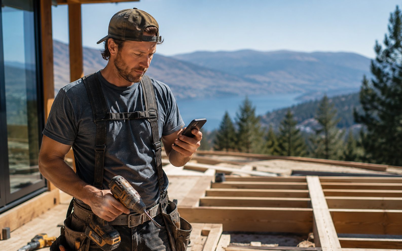 Okanagan contractor on a job site checking a quiet phone with no new customer calls