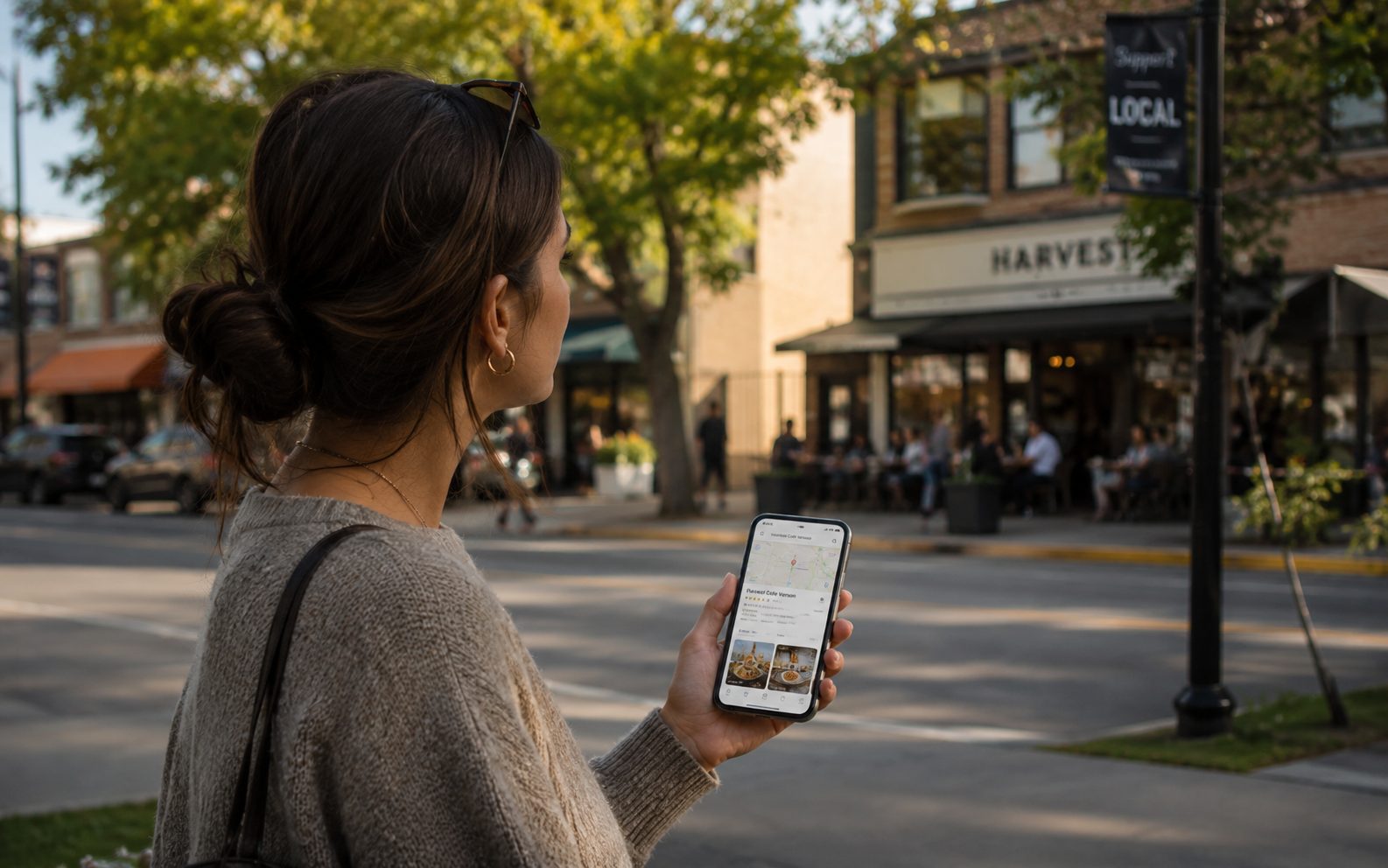 Customer on a Vernon street finding a local café on their phone map before walking in