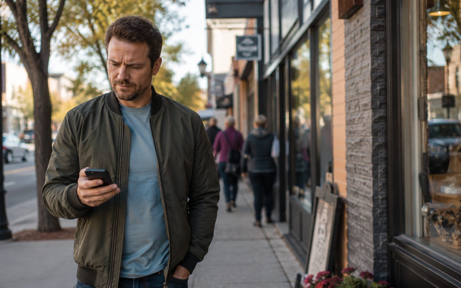 Frustrated customer on a Vernon sidewalk leaving a slow website to try the next shop