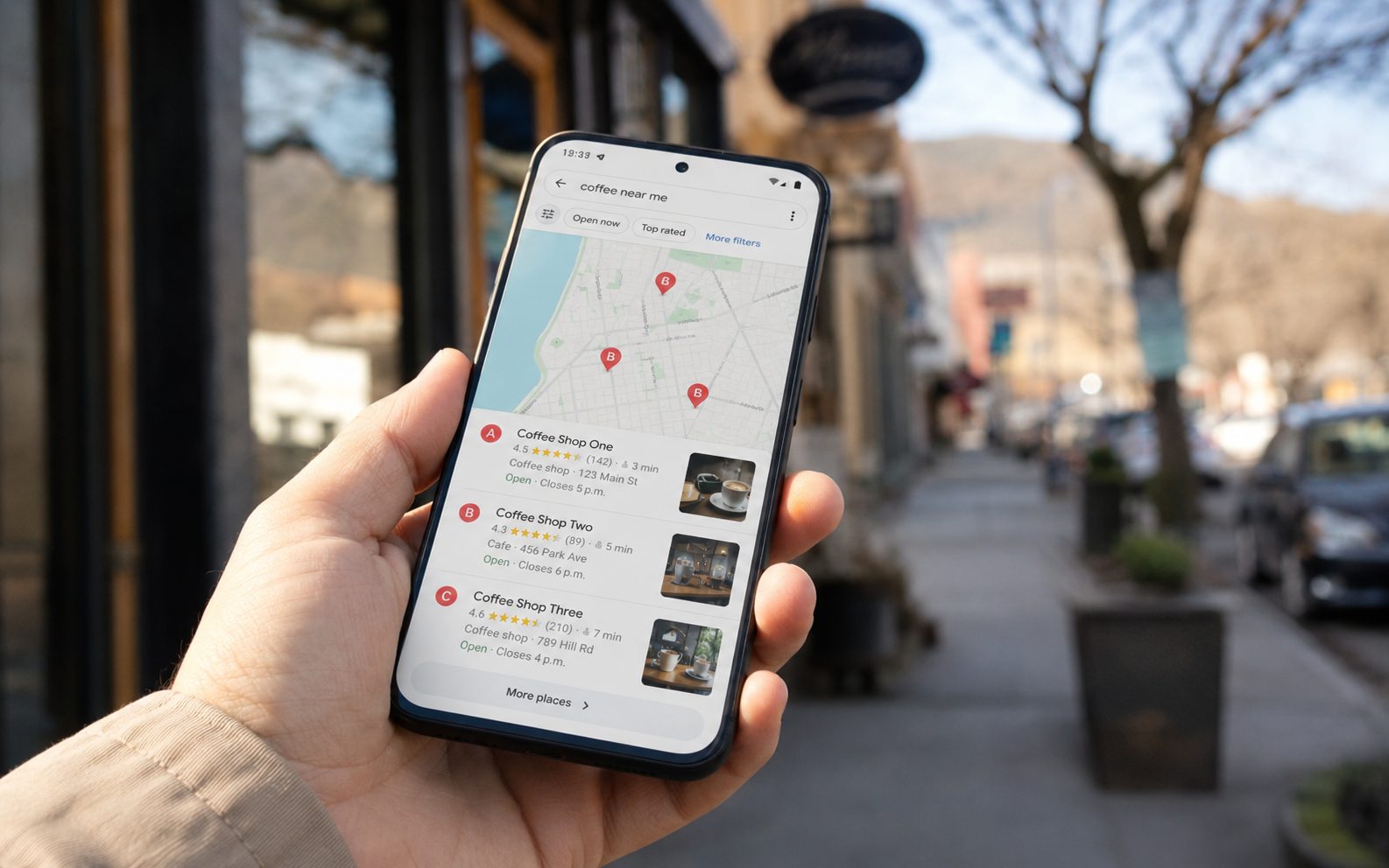 Phone showing the Google Maps local 3-pack of Vernon businesses on a sidewalk