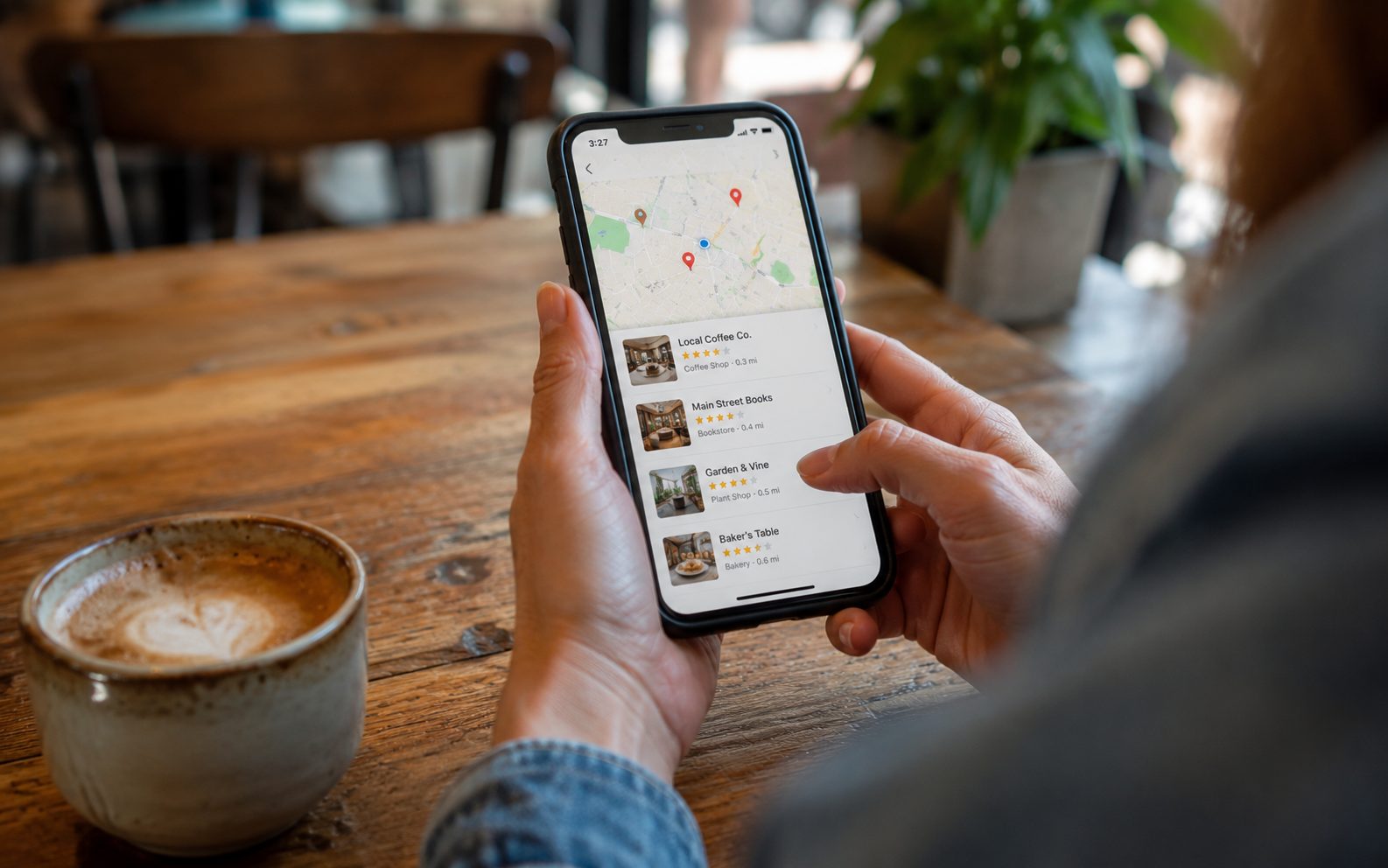 Person viewing a local Google Maps search for Vernon BC businesses on a smartphone