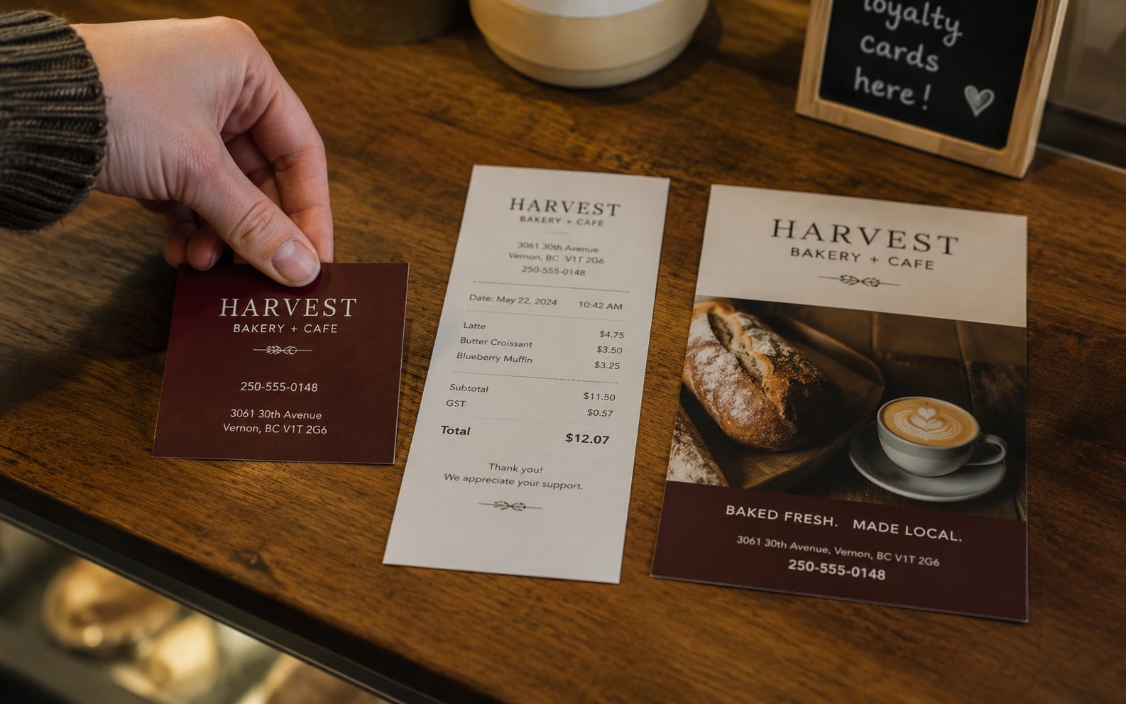 Business card, receipt and flyer on a Vernon café counter all showing the same name and phone
