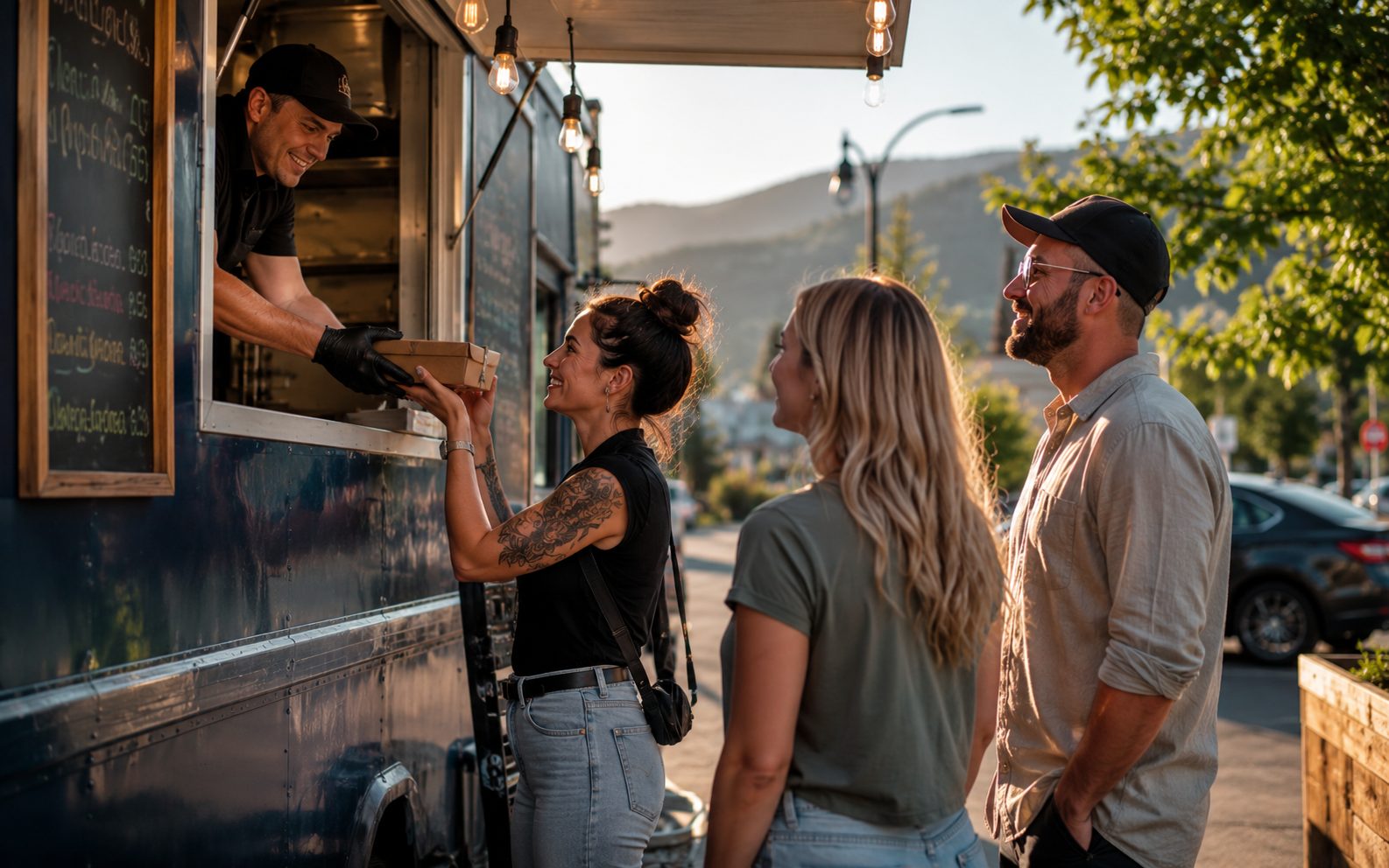 Lineup of customers at an Okanagan food truck on a Vernon summer street