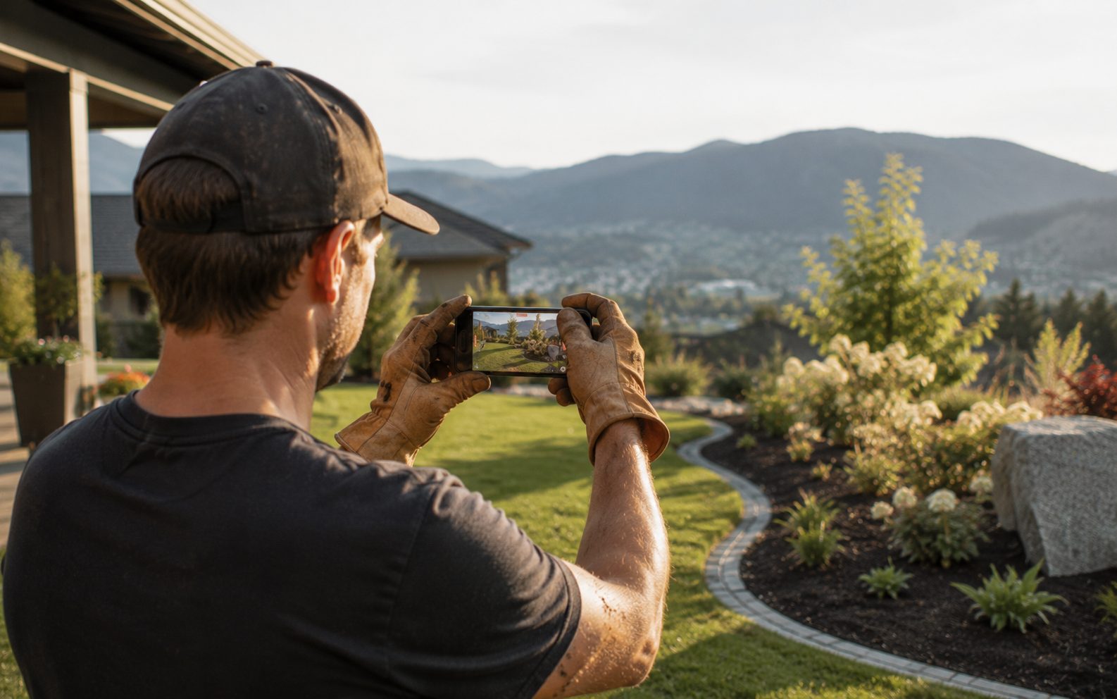 Okanagan landscaper recording a before-and-after clip on a phone at a Vernon job site