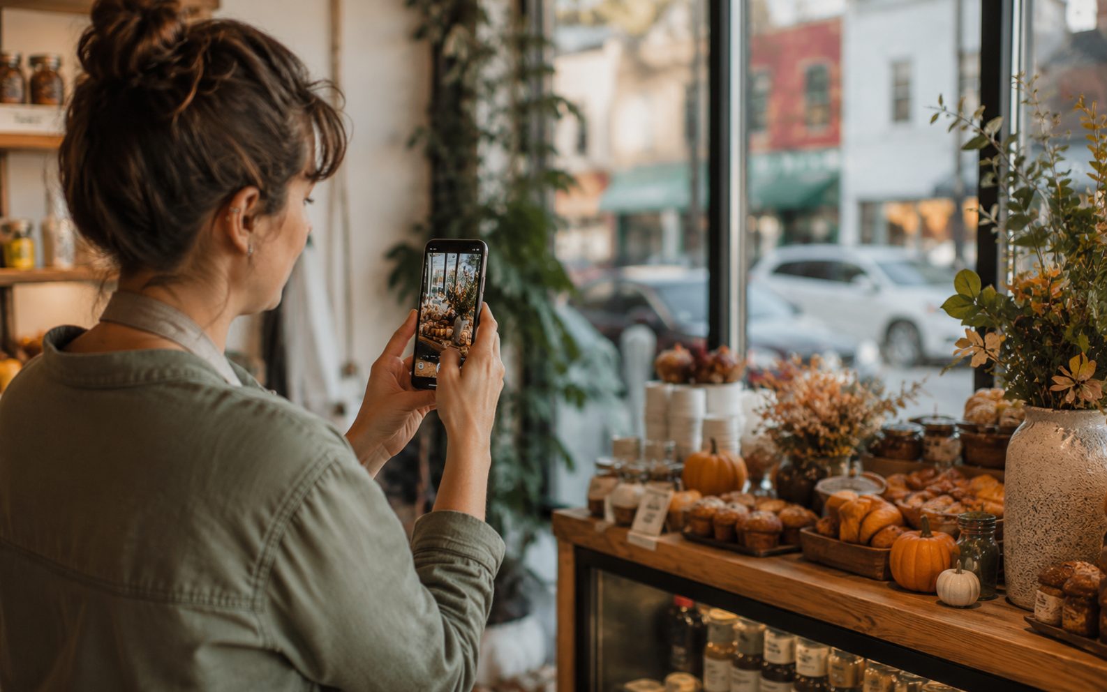 Vernon café owner photographing storefront display to add to Google Business Profile