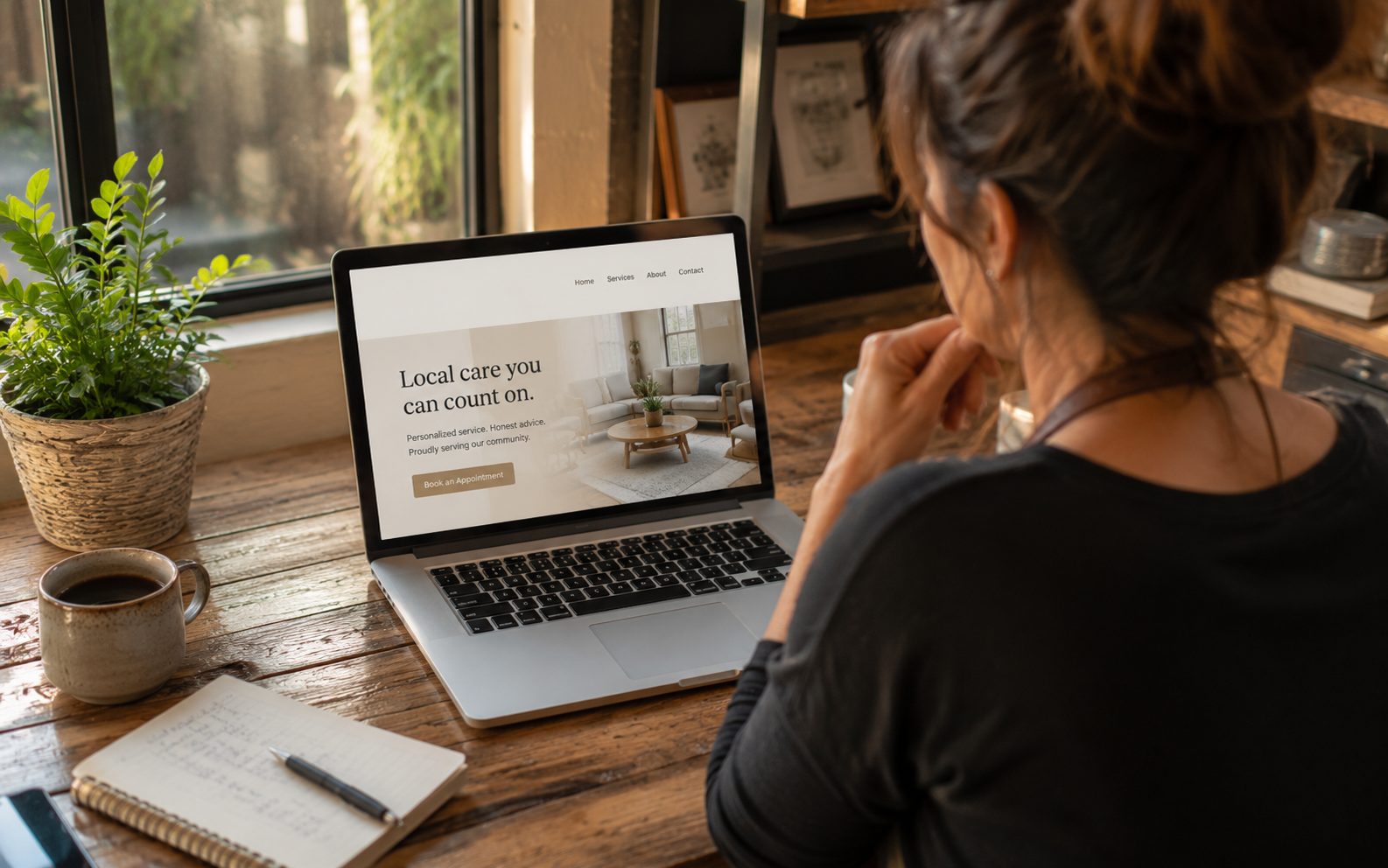 Okanagan business owner reviewing a local Vernon BC website homepage on a laptop
