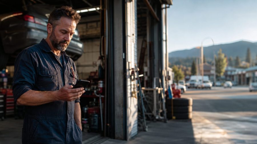 Vernon Auto Shop Owner Checking Phone Garage