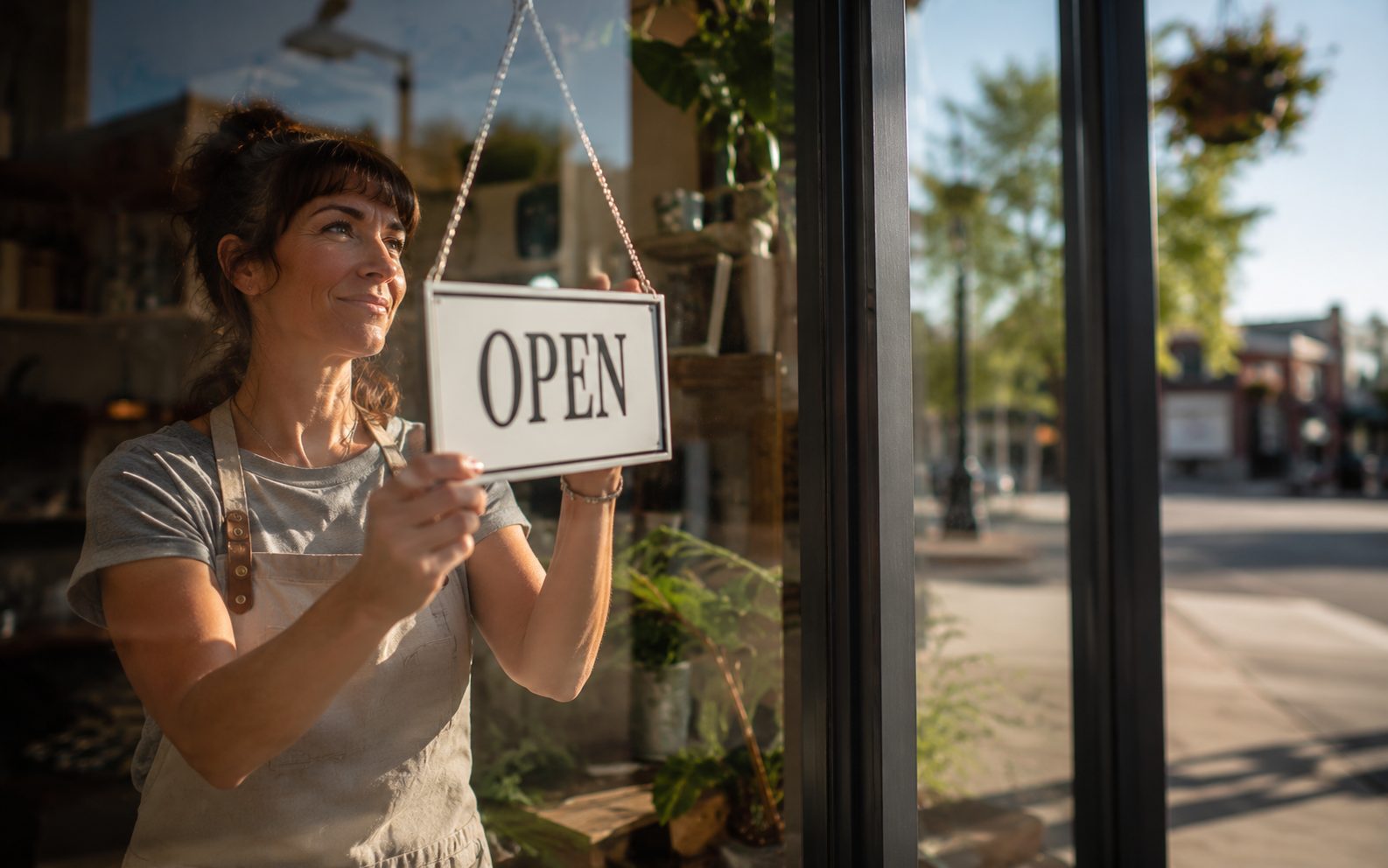 Vernon BC shop owner flipping the open sign at the storefront window in the morning