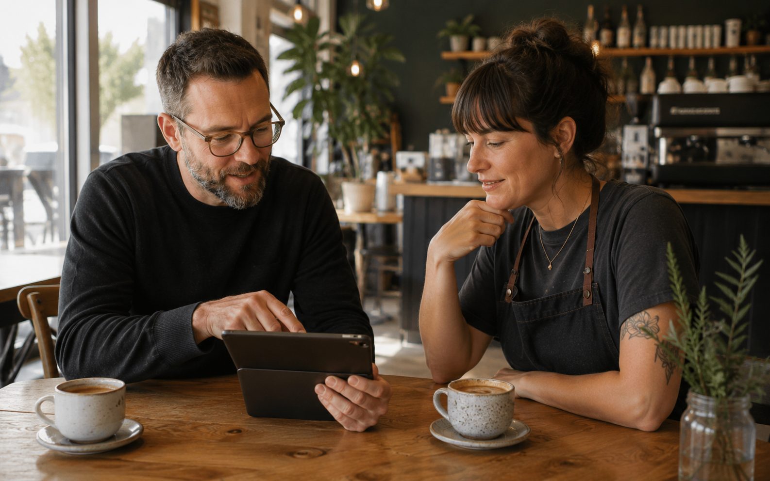Web designer and a Vernon café owner reviewing website design options together at a café table